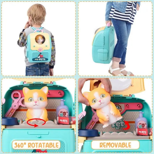 Pet Care Play Set Dog Grooming Kit with Backpack Doctor Set Vet Kit Educational Toy Pretend Play for Toddlers Kids Children