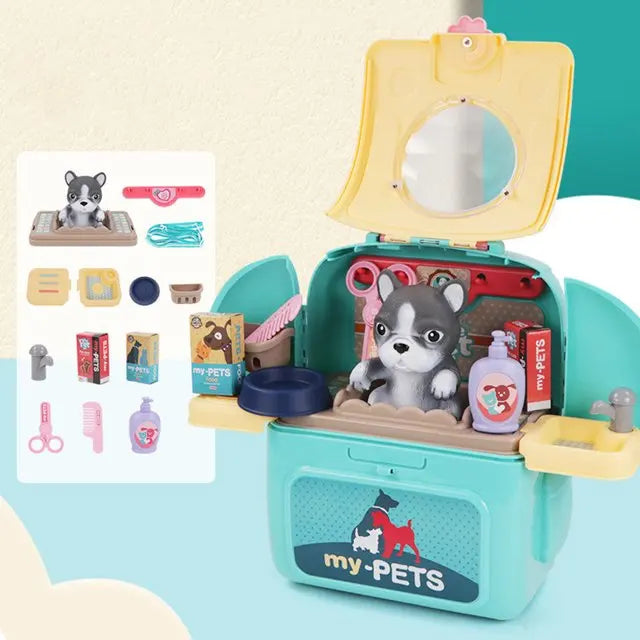Pet Care Play Set Dog Grooming Kit with Backpack Doctor Set Vet Kit Educational Toy Pretend Play for Toddlers Kids Children