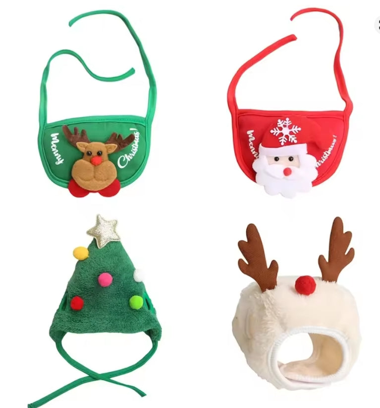 Christmas Puppy Dog Cat Costume Xmas Cat Santa Elk Hat with Bandana Bib Scarf Set Cat Accessories Pet Holiday Dress Up Supplies