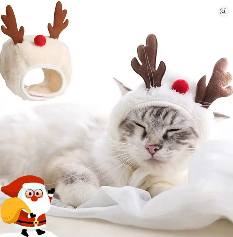 Christmas Puppy Dog Cat Costume Xmas Cat Santa Elk Hat with Bandana Bib Scarf Set Cat Accessories Pet Holiday Dress Up Supplies