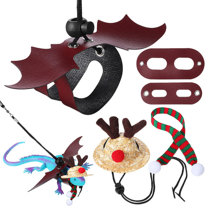 1Set Reptile Christmas Costume Hat Scarf Leash Bearded Dragon Lizard Pet Supplies Comfortable Wearable Pet Christmas Hat